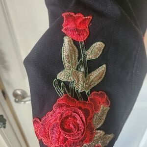 Black Capri's With Red Rose Embroidery